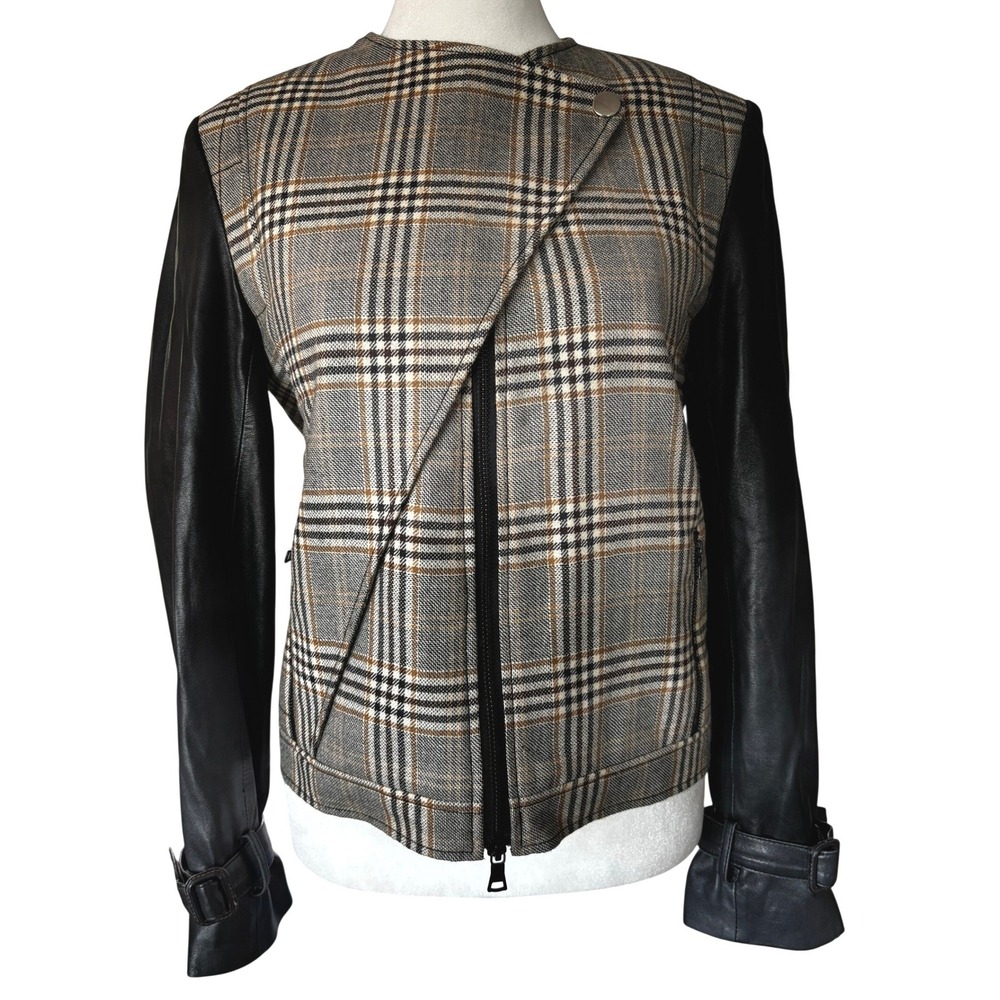Jenni Kayne Size S Plaid‎ Leather Sleeve Moto Jacket Tan Gray Black Silk Lined